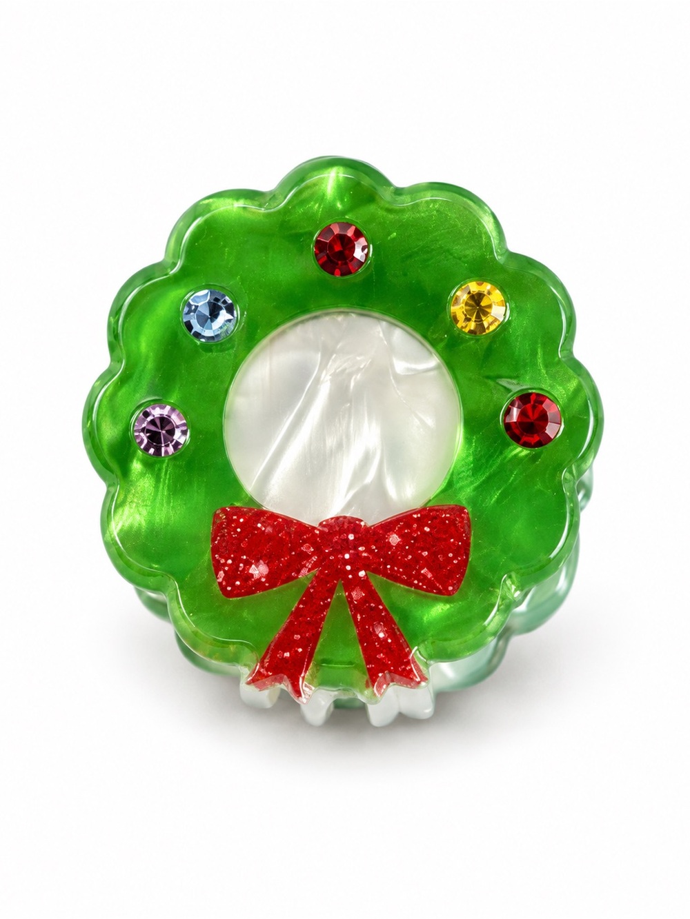 Christmas Wreath Red Bow Multicolor Rhinestone Glitter 1" Lobster Claw Hair Clip